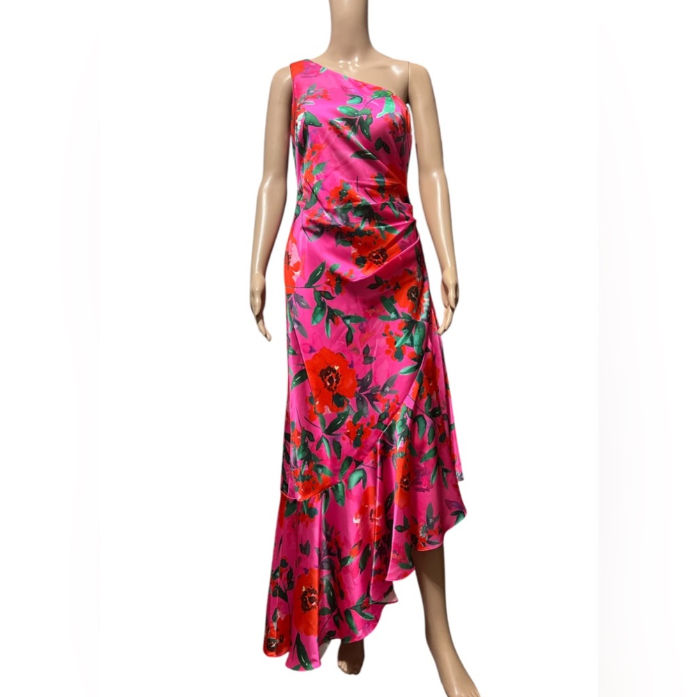 Eliza J Size 6 Floral One Shoulder Sleeveless Asymmetrical Ruffle Hem Dress NWT